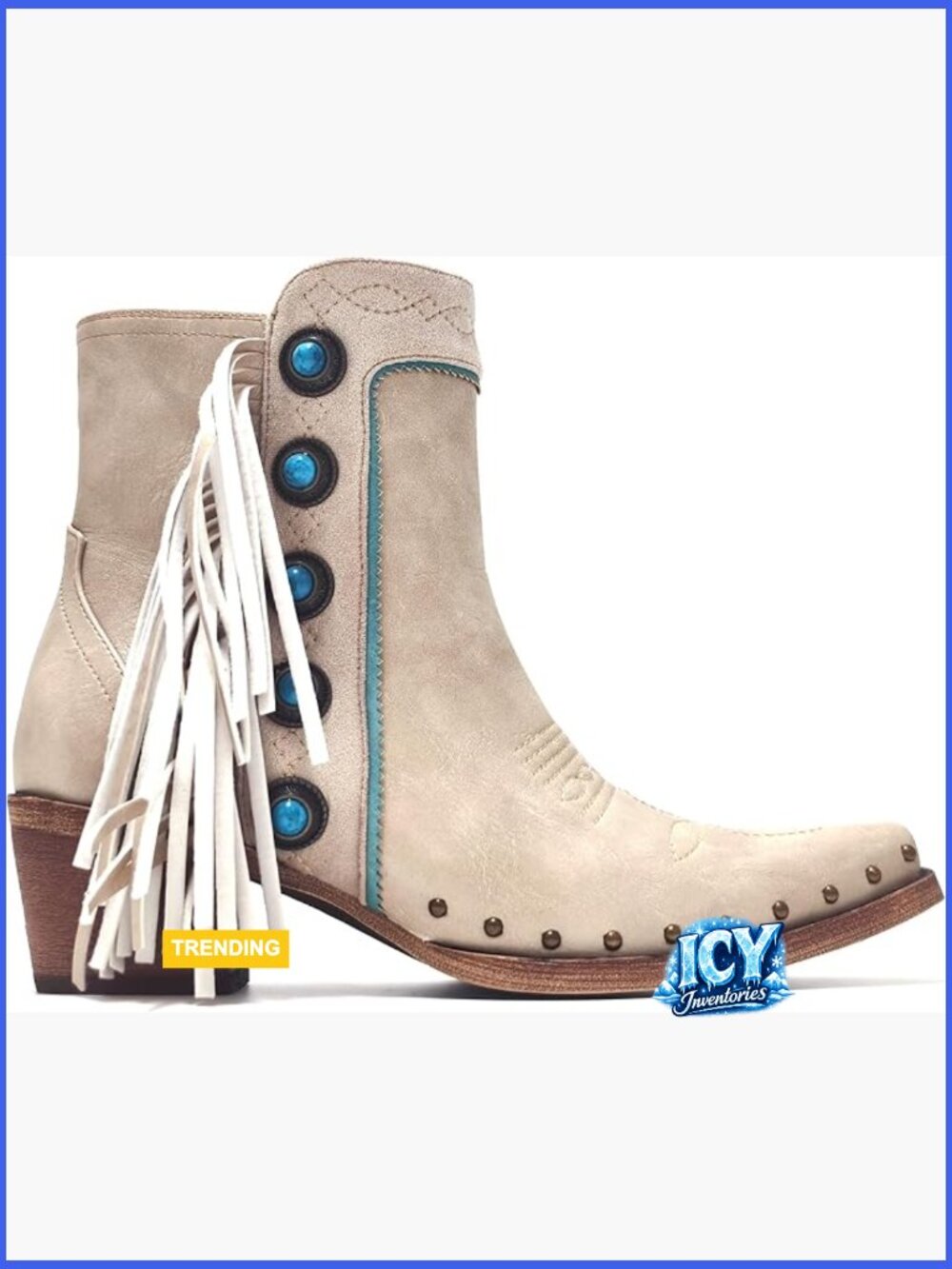 Studded Fringe Cowboy Ankle Booties with Turquoise Stones